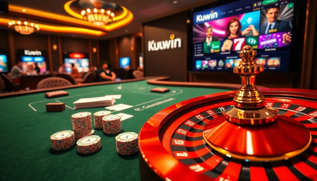 Kuwin casino table with poker chips and cards, enhancing thrilling gambling experience.