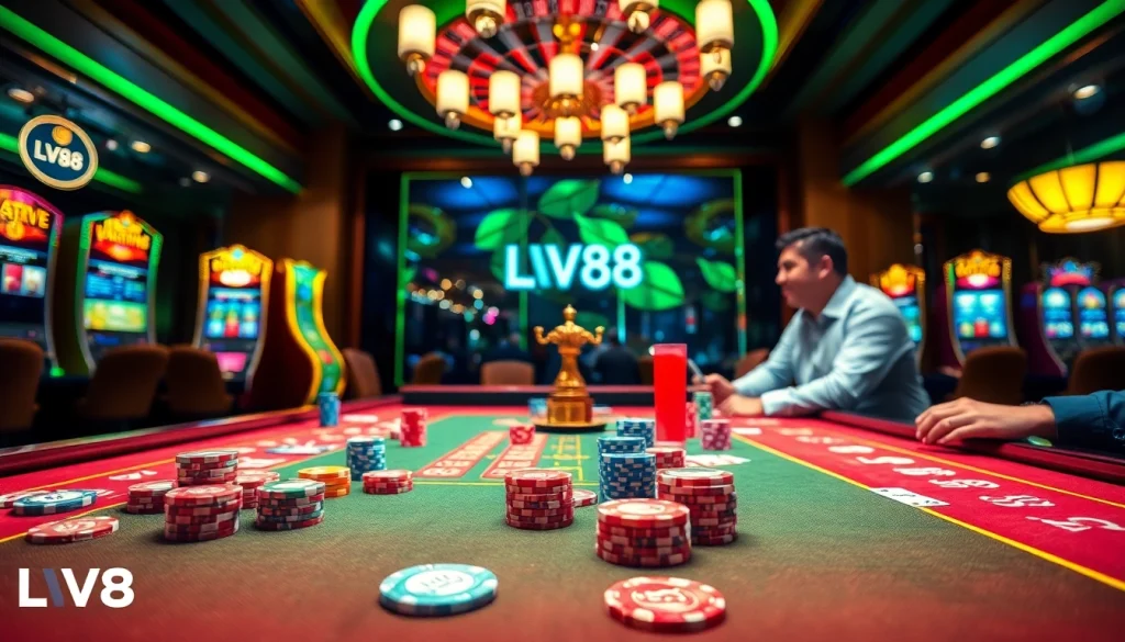 Players enjoying a game at LV88 casino, engaging with cards and chips in a vibrant atmosphere.