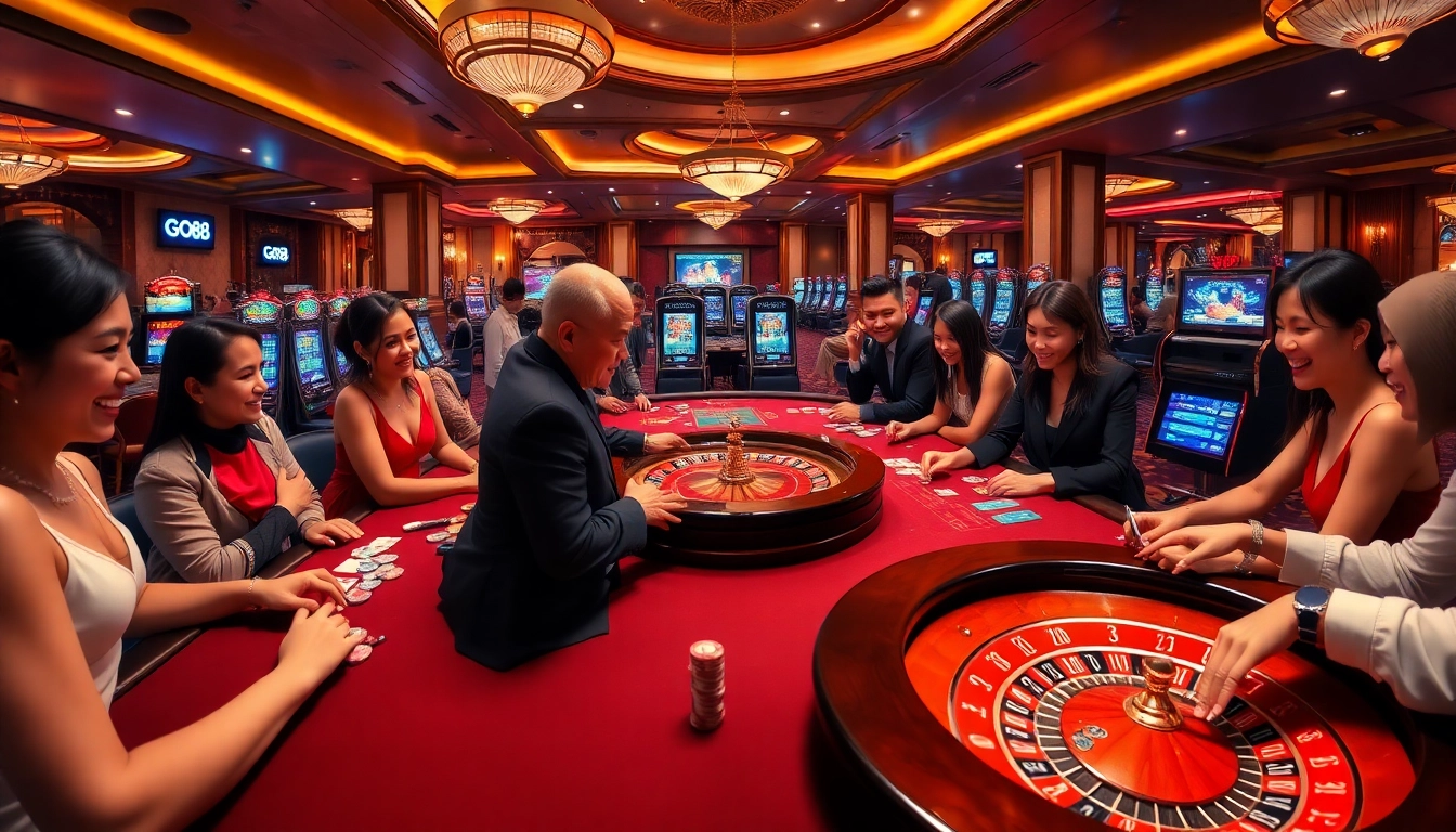 Excited players enjoying GO88 gaming at a luxurious casino with vibrant tables and slot machines.