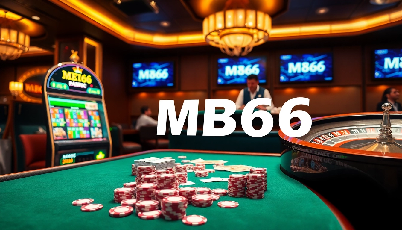 Experience the excitement of winning with MB66 at a lush casino table featuring vibrant slot machines and roulette.