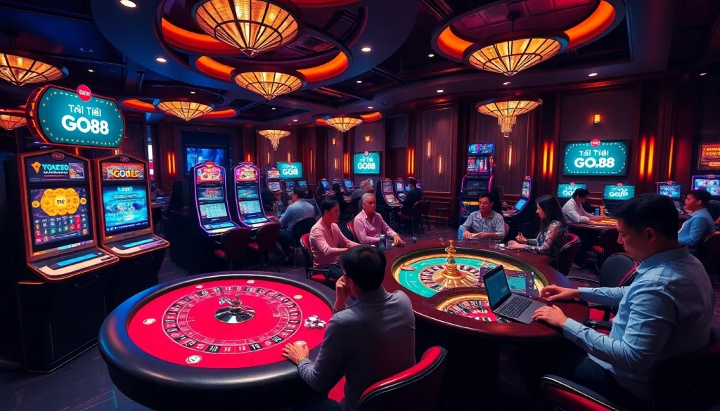 Exciting casino scene depicting gambling fun and Tải GO88 highlights on digital screens.