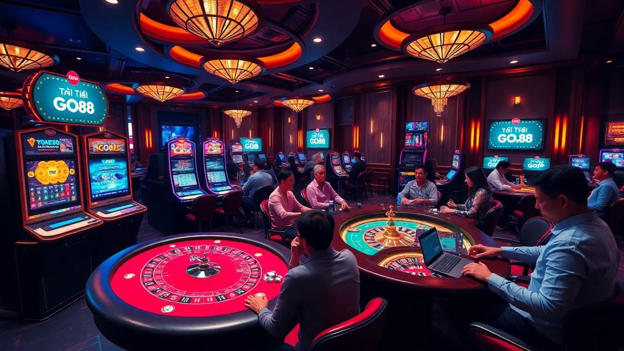 Exciting casino scene depicting gambling fun and Tải GO88 highlights on digital screens.