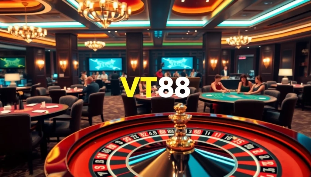 Experience high-stakes gambling at VT88 with vibrant casino tables and engaging players.