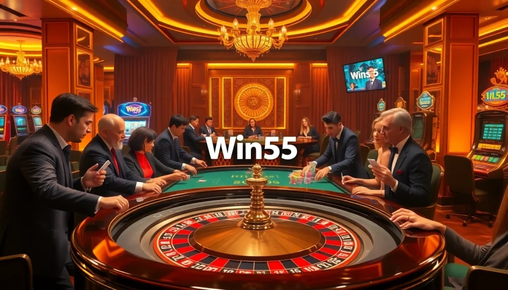 Engaged players at the Win55 casino table, showcasing excitement with chips and cards.