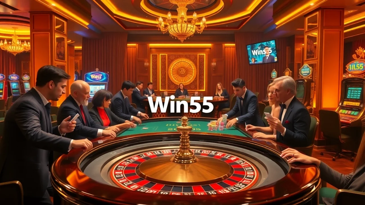 Engaged players at the Win55 casino table, showcasing excitement with chips and cards.