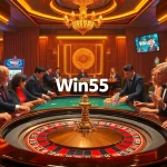 Engaged players at the Win55 casino table, showcasing excitement with chips and cards.