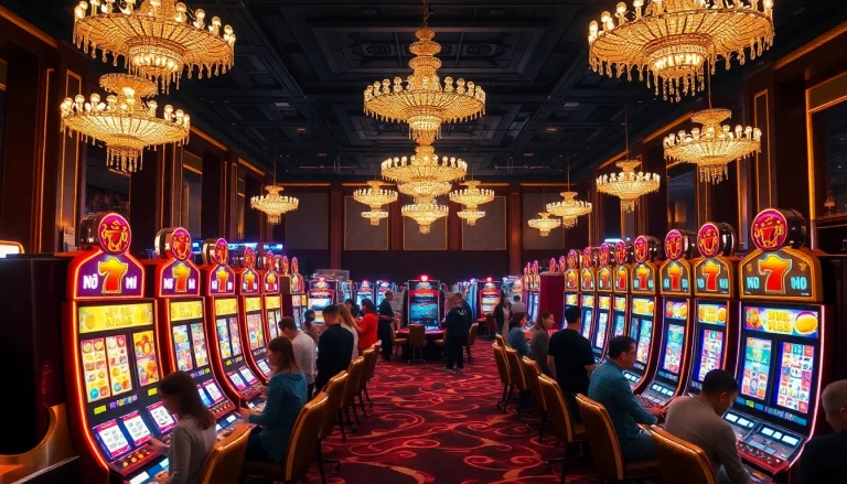Vibrant gaming scene featuring players enjoying nổ hũ slot machines in a luxurious casino.