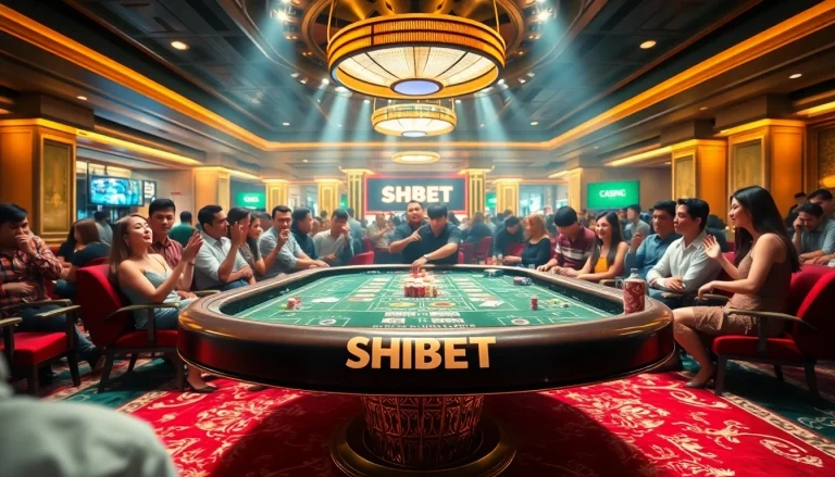 Players enjoying a thrilling SHBET casino game at an elegant table with colorful chips and cards.