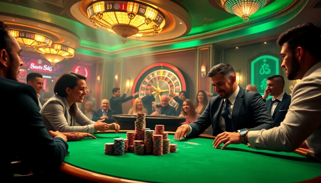 Engaging players at the roulette wheel and poker table at https://okfunb.com/, showcasing vibrant casino excitement.