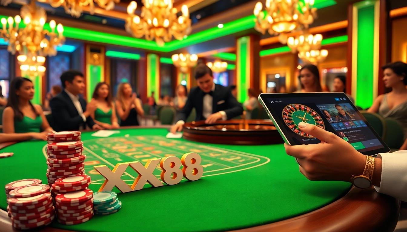 Experience the excitement of gambling with a vibrant scene featuring XX88 poker chips and a blackjack table.