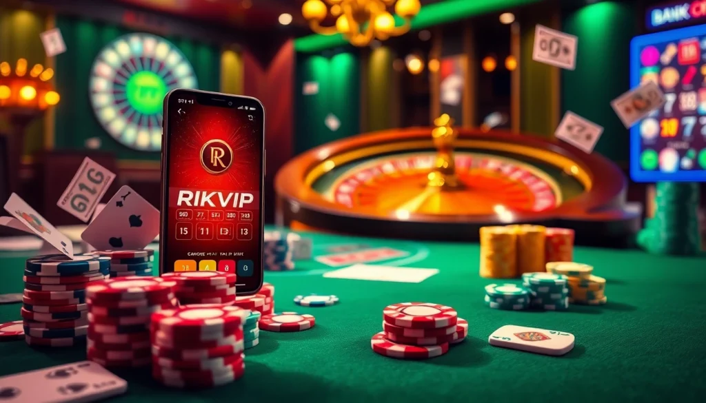Experience the excitement of online gaming at RIKVIP with vibrant casino visuals and interactive elements.