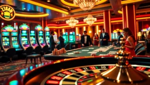 Experience the excitement of Luckywin at a luxury casino, featuring a vibrant poker table and spinning roulette.