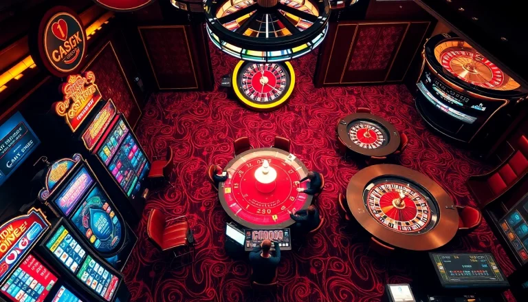 Engaging casino scene featuring vibrant gaming activities at 5z7779 com with players around roulette and poker tables.