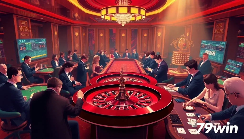 Gambling excitement at 79win with players enjoying roulette and poker in a luxurious setting.
