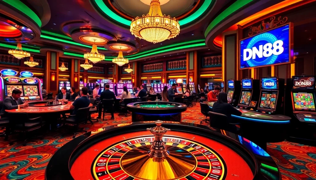 Experience the thrill of DN88 at a luxurious casino with vibrant gaming tables and slots.