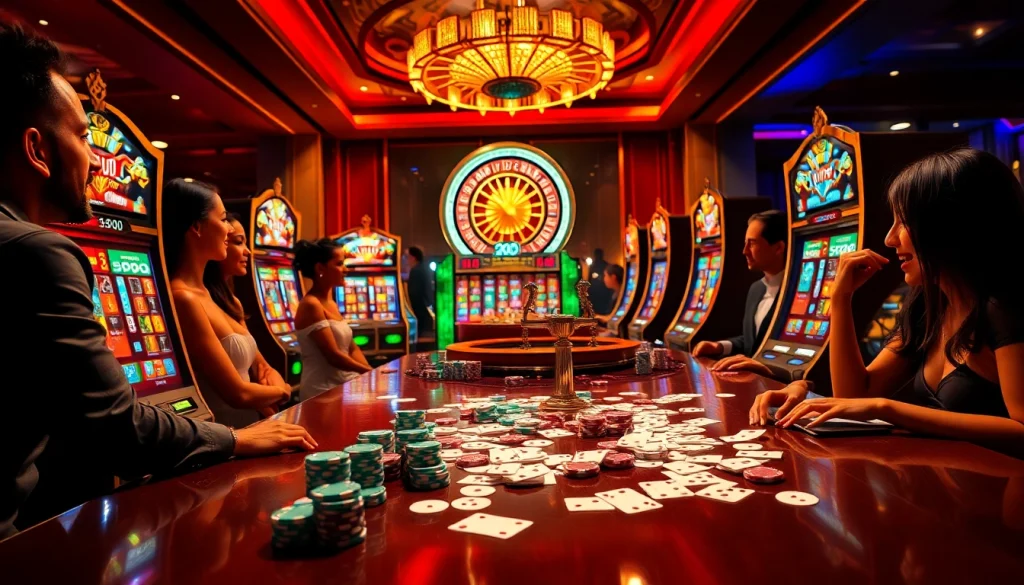 Gambling excitement at SLOTS8 with vibrant slot machines and joyful players celebrating wins.