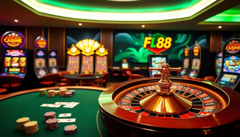 FLY 88 poker chips and cards featured in an exciting casino scene.