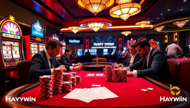 Experience high-stakes gaming at Haywin's luxury casino with intense poker action.