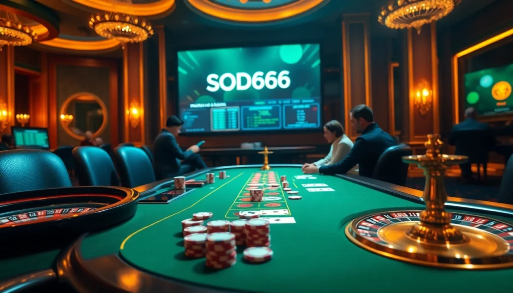Captivating SODO66 casino scene featuring an elegant gaming table filled with poker chips and cards.