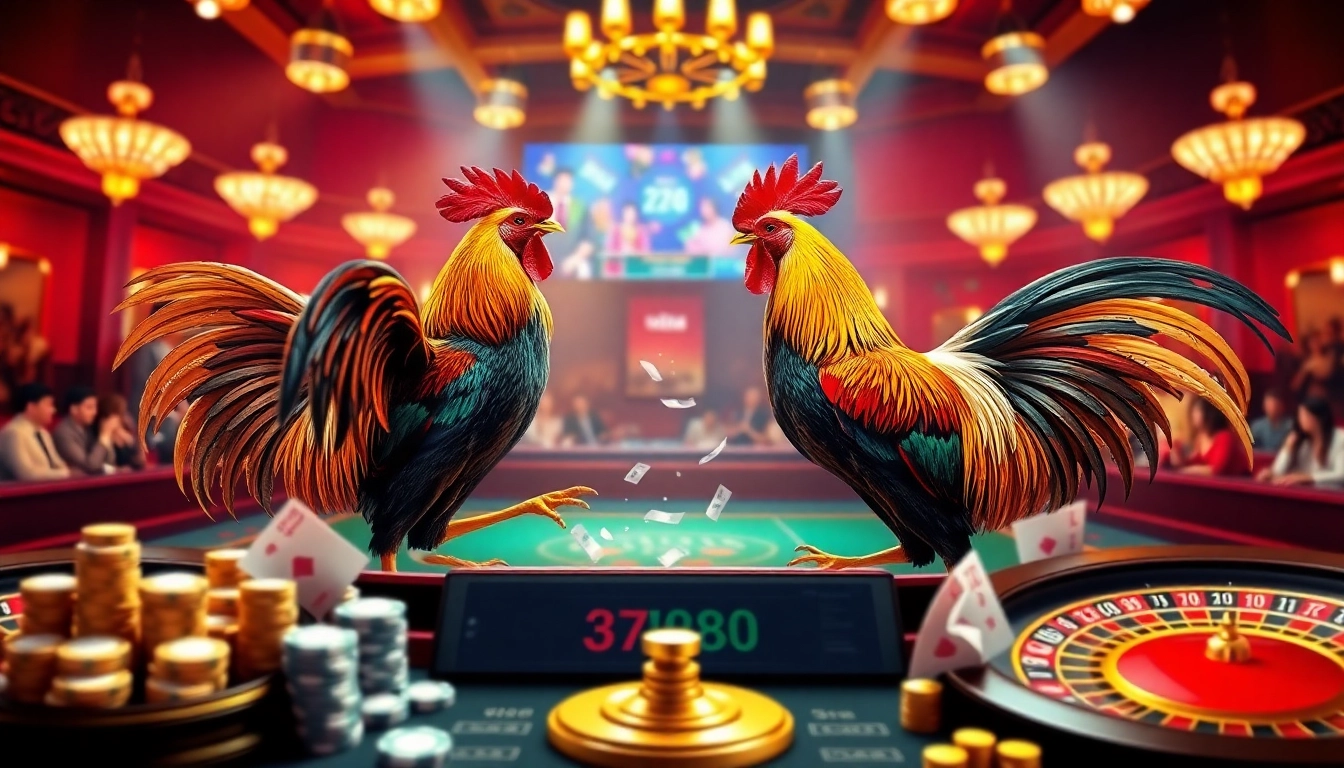 Engaging scene of BJ88 trang da ga featuring live rooster fights and vibrant gambling elements.