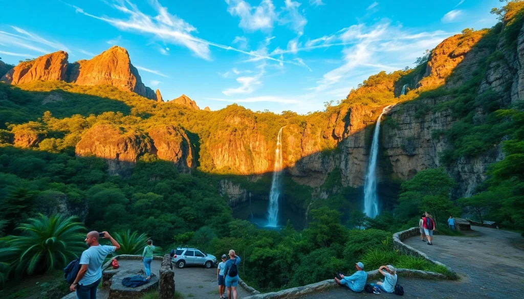 Lansekap Chapada dos Guimarães yang menakjubkan dengan air terjun dan pendaki, menunjukkan petualangan Wargatoto.