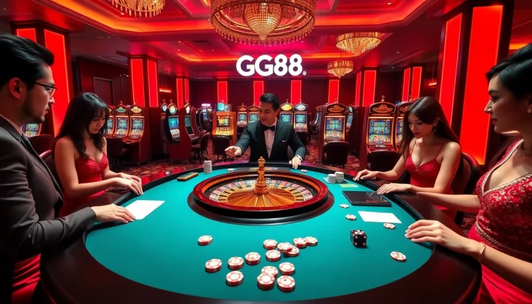 Players enjoying a thrilling game at GG88's luxurious casino, showcasing roulette and vibrant gambling props.