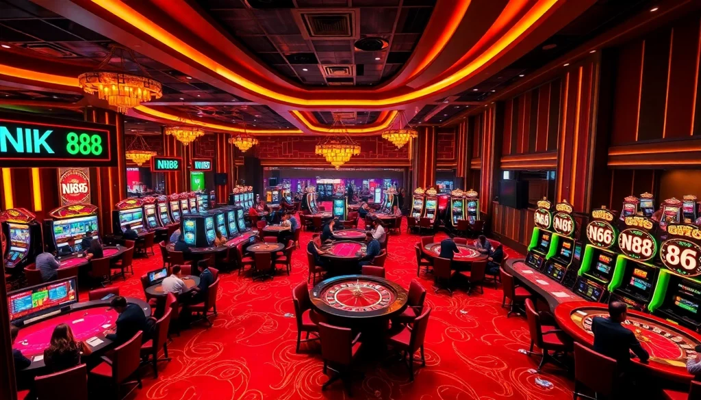Players enjoying casino games featuring NK88 with vibrant slot machines and poker action.