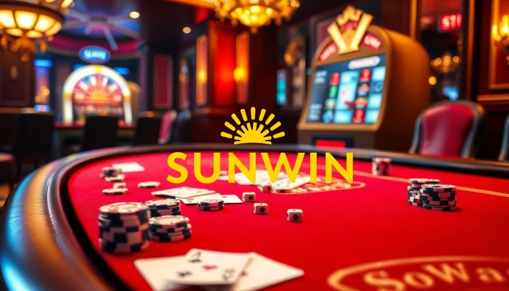 SUNWIN casino scene featuring poker chips, dice, and an elegant casino table, capturing high-stakes excitement.