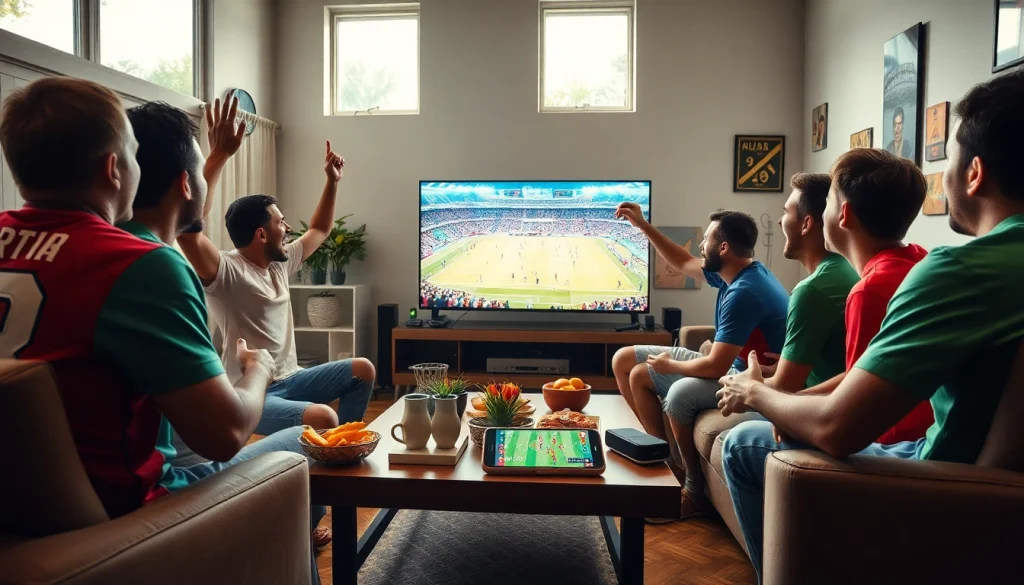 Fans engaging with vaoluoitv while watching a live soccer match in a vibrant living room setting.