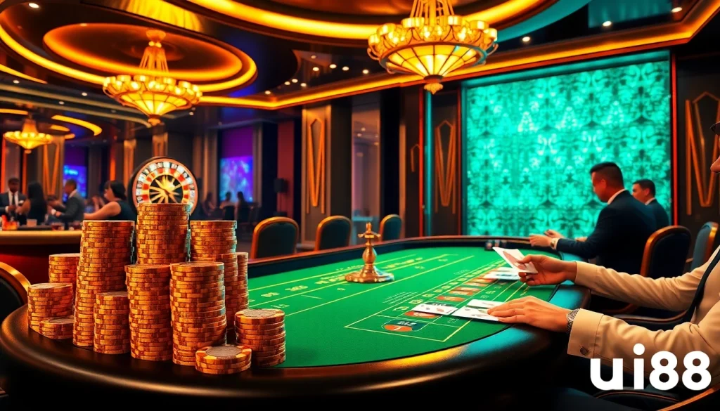 Experience the thrill of uu88 with vibrant casino elements like poker chips and roulette wheels.