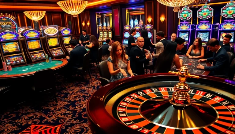 Players enjoying a thrilling game at KJC casino, surrounded by vibrant tables and slot machines.