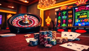 Experience the KP88 casino excitement with vibrant poker chips and a spinning roulette wheel in a luxurious setting.