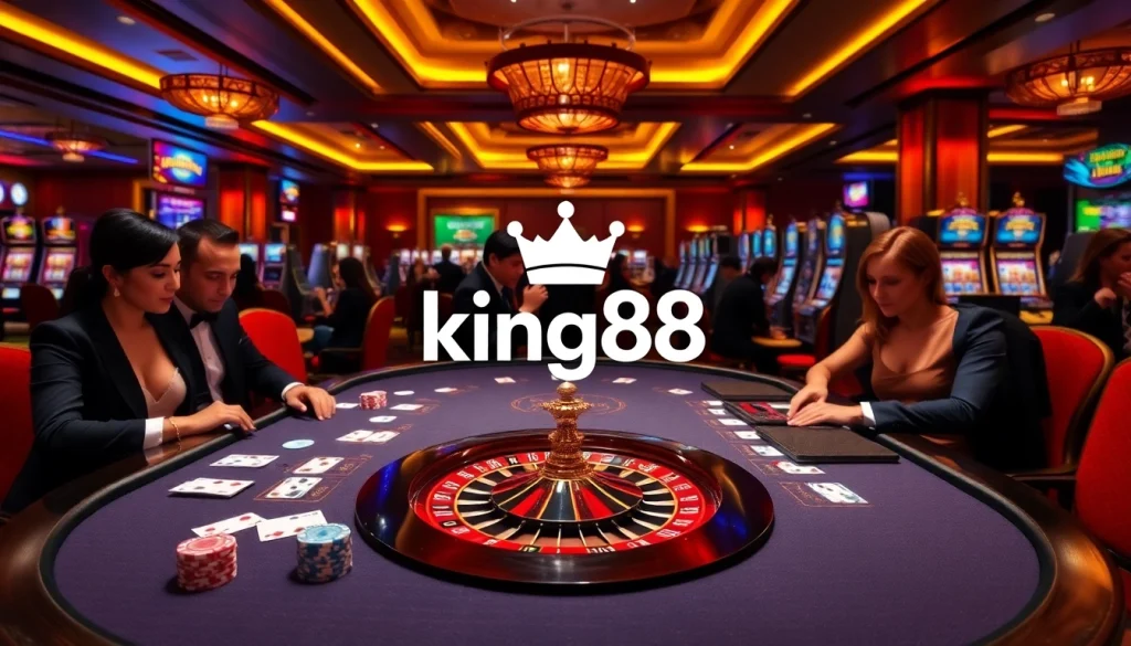 Experience the thrill of king88 with vibrant casino action featuring poker chips and roulette.