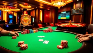 Exciting gambling scene at Nhà cái NK88 casino with poker tables and roulette.