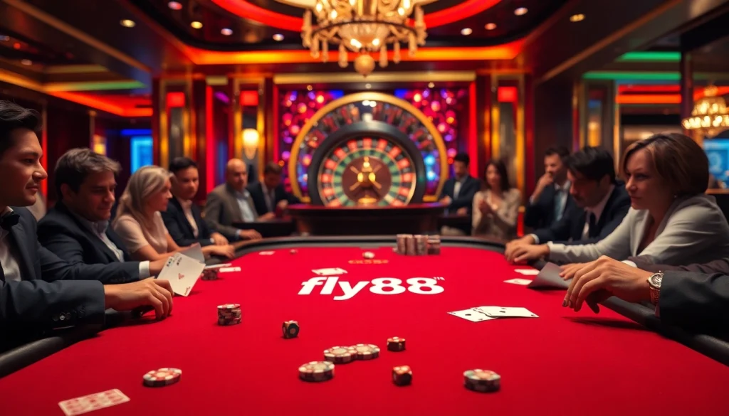 Experience thrilling gameplay with fly88 at a glamorous poker table in a vibrant casino.
