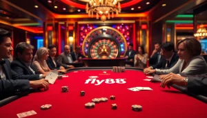 Experience thrilling gameplay with fly88 at a glamorous poker table in a vibrant casino.