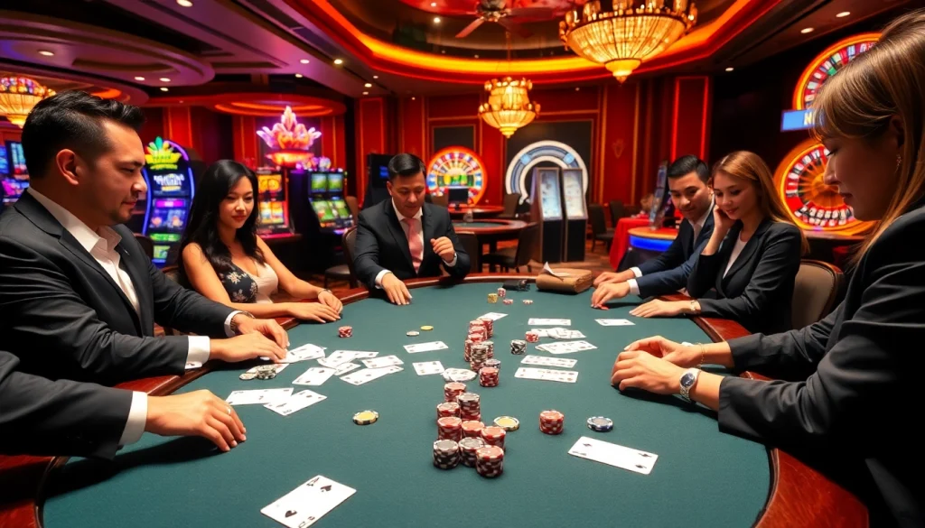 Players enjoying poker and casino games, highlighting the thrilling experience at https://dn88s.net/.