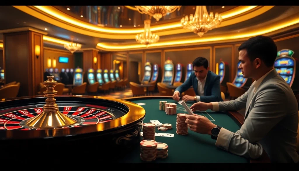 A vibrant scene showcasing Nhà Cái Uy Tín with poker chips, a roulette wheel, and players in an elegant casino setting.
