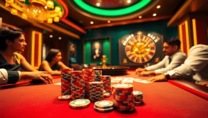 Players enjoying poker games at a thrilling casino table scene featuring uu88 chips and cards.