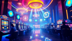 Exciting kripto casino scene showcasing players engaging with cryptocurrency games and vibrant digital displays.