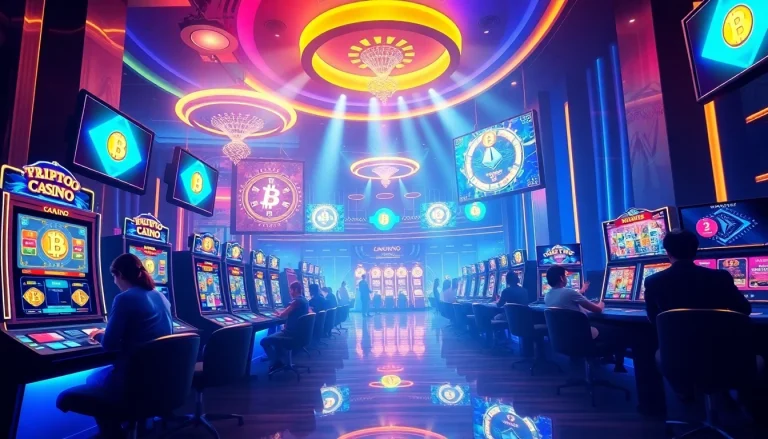 Exciting kripto casino scene showcasing players engaging with cryptocurrency games and vibrant digital displays.