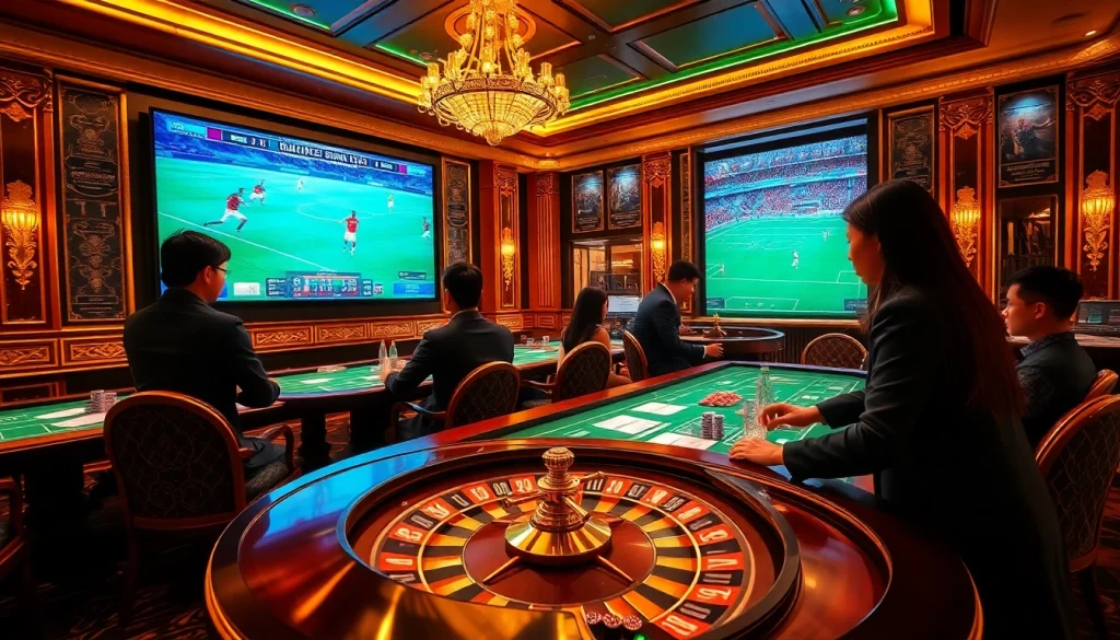 Kèo bóng đá betting slips on an elegant casino table filled with poker chips and vibrant roulette wheels.