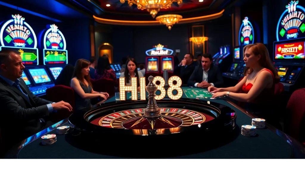 Players enjoying a thrilling casino experience at Hi88 featuring roulette and vibrant slot machines.