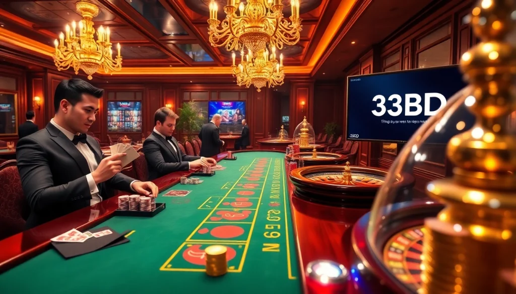 Engage in thrilling games at 33BD with an elegant baccarat table and vibrant poker chips.