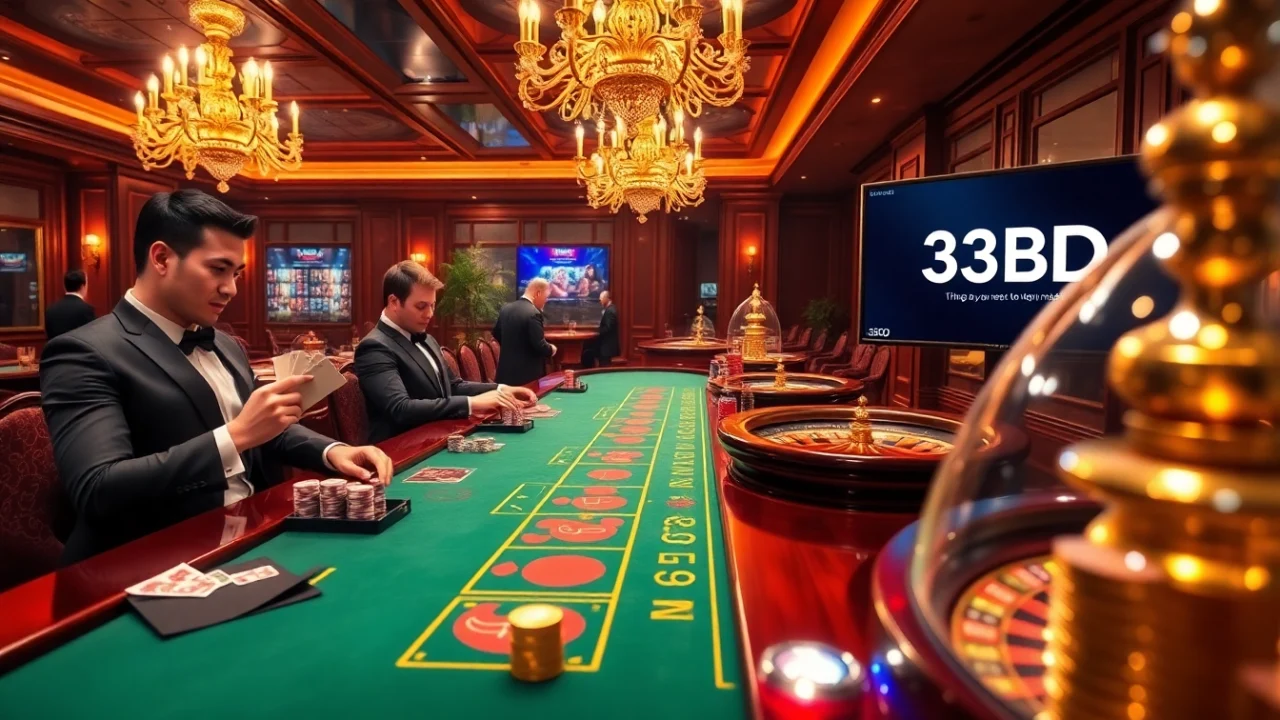 Engage in thrilling games at 33BD with an elegant baccarat table and vibrant poker chips.