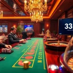 Engage in thrilling games at 33BD with an elegant baccarat table and vibrant poker chips.