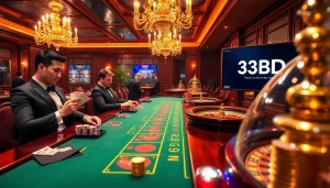 Engage in thrilling games at 33BD with an elegant baccarat table and vibrant poker chips.