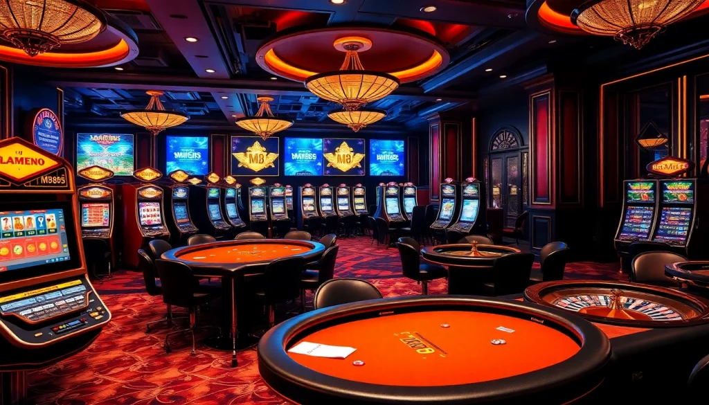 Players enjoying various casino games at MM88, showcasing vibrant slot machines and poker tables.