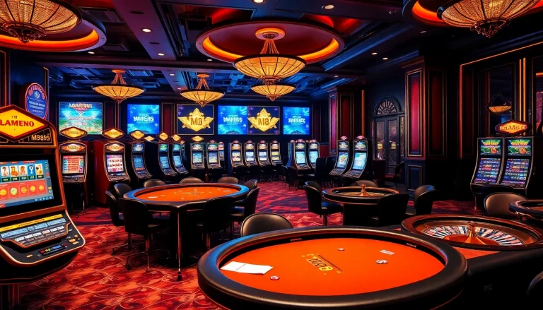 Players enjoying various casino games at MM88, showcasing vibrant slot machines and poker tables.