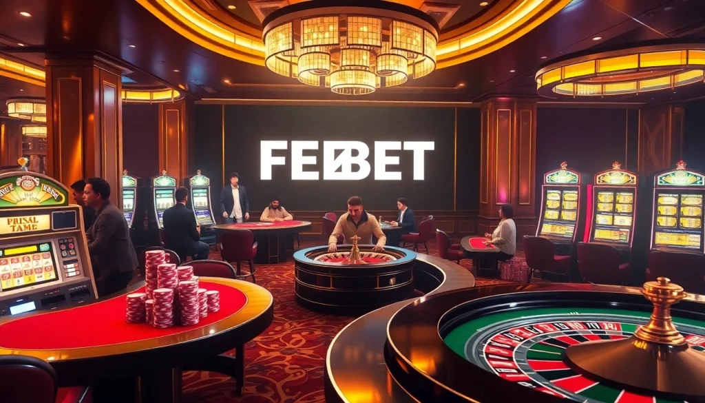 FEBET gaming scene with vibrant poker chips and illuminated slot machines in a luxurious casino.